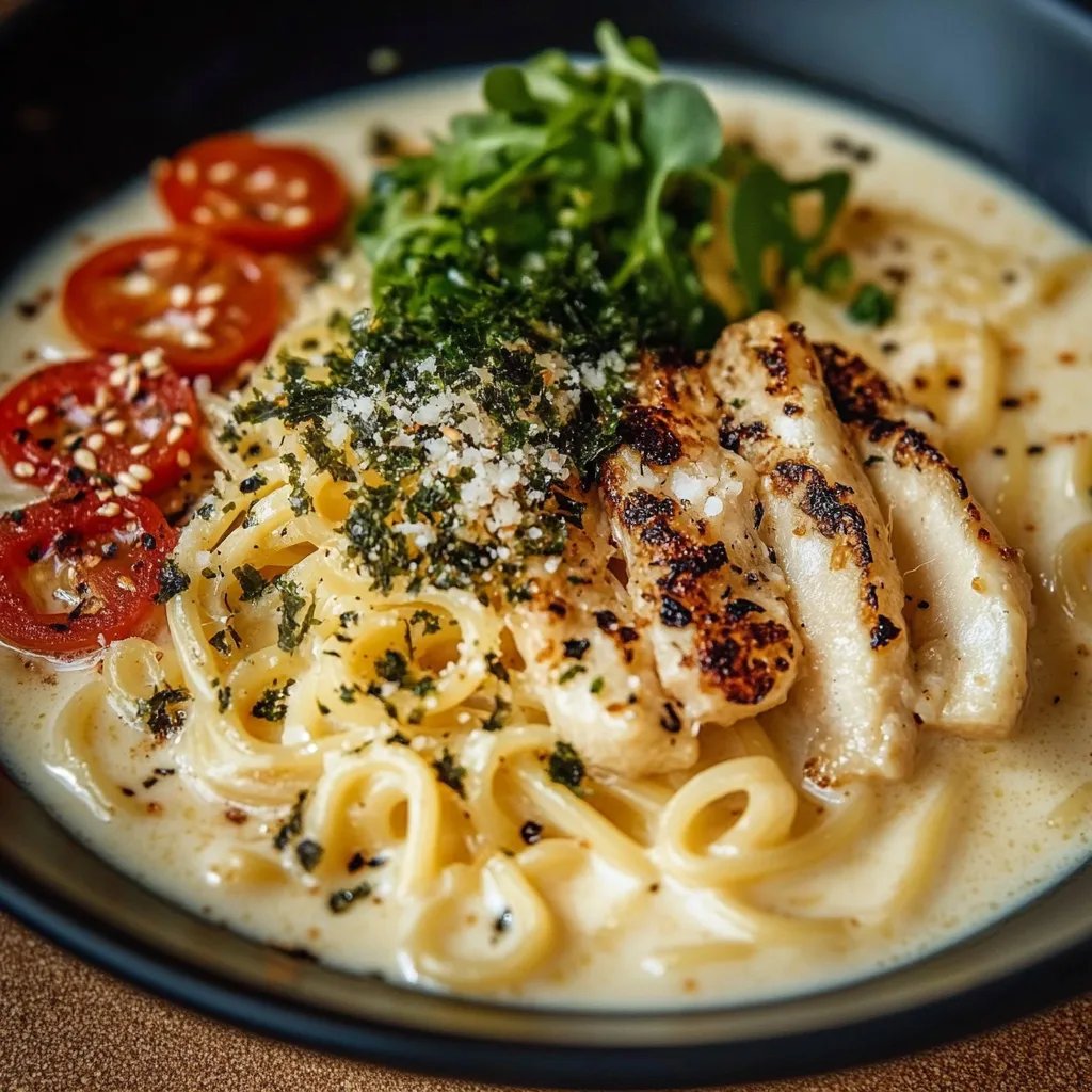 Feuriges Hähnchen-Ramen mit cremiger Knoblauchsauce