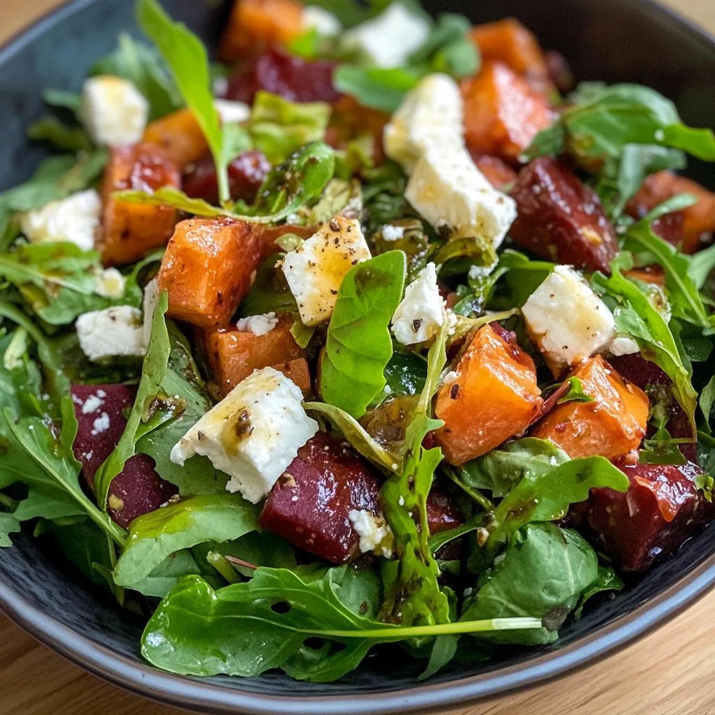 Winter-Salat mit Rinderbauchspeck, Feta, Süßkartoffel, Kichererbsen und Balsamico-Dressing